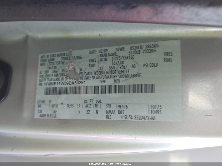 2009 Ford E-150 Xl/Xlt VIN: 1FMNE11W59DA56291 Lot: 43551583