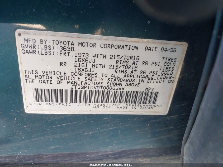 1996 Toyota Rav4 VIN: JT3GP10V0T0006398 Lot: 43551590