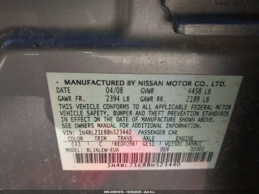 2008 Nissan Altima 3.5 Sl VIN: 1N4BL21E88N523440 Lot: 43551615