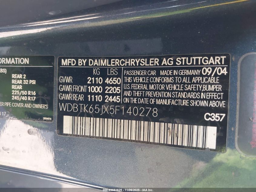 2005 Mercedes-Benz Clk 320 VIN: WDBTK65JX5F140278 Lot: 43551629