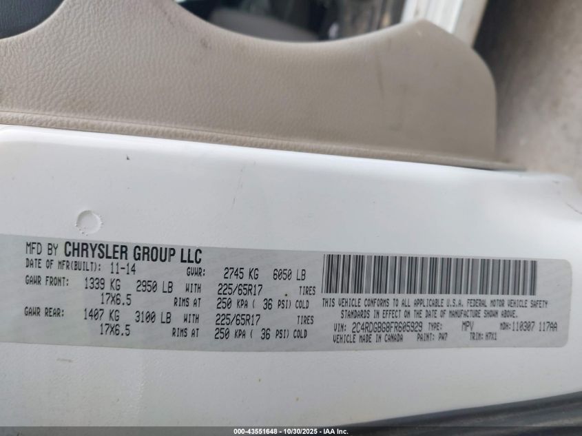 2015 Dodge Grand Caravan Se VIN: 2C4RDGBG8FR605929 Lot: 43551648