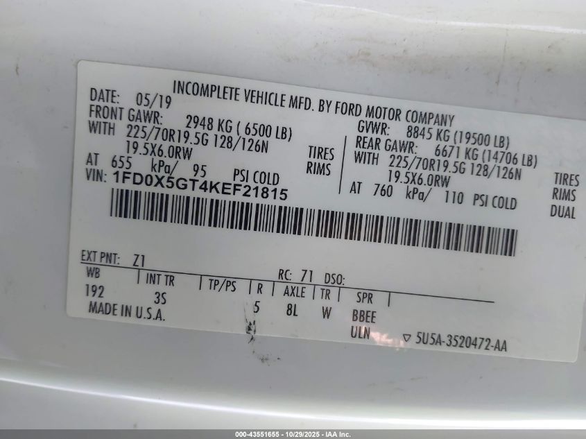 2019 Ford F-550 Chassis Xlt VIN: 1FD0X5GT4KEF21815 Lot: 43551655