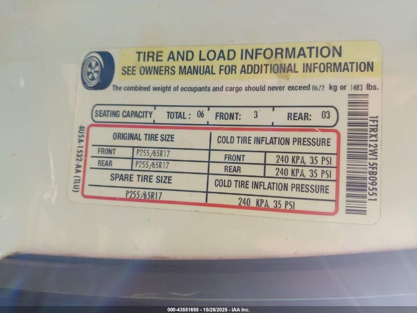 2005 Ford F-150 Stx/Xl/Xlt VIN: 1FTRX12W15FB09551 Lot: 43551658