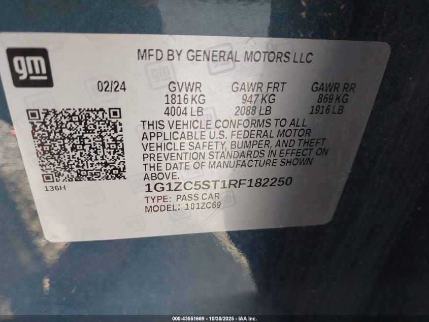 2024 Chevrolet Malibu Fwd 1Fl VIN: 1G1ZC5ST1RF182250 Lot: 43551669