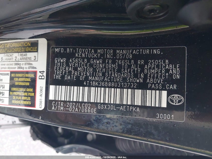 2008 Toyota Avalon Limited VIN: 4T1BK36B88U313732 Lot: 43551680
