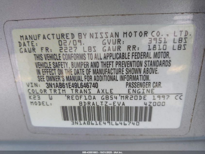 2009 Nissan Sentra 2.0S VIN: 3N1AB61E49L646740 Lot: 43551683