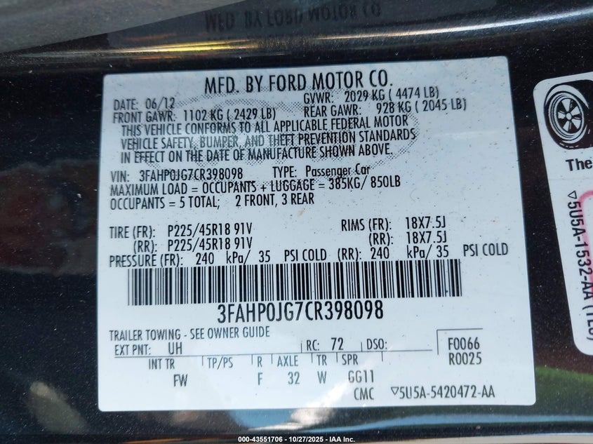 2012 Ford Fusion Sel VIN: 3FAHP0JG7CR398098 Lot: 43551706