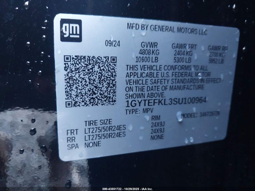 2025 Cadillac Escalade Iq Sport 2 Awd VIN: 1GYTEFKL3SU100964 Lot: 43551722