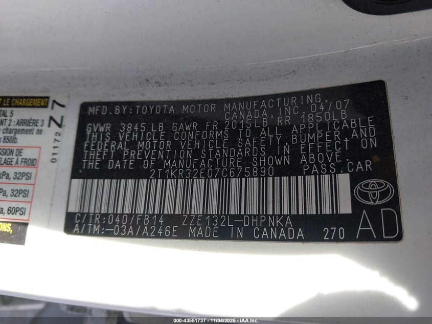 2007 Toyota Matrix Xr VIN: 2T1KR32E07C675890 Lot: 43551737