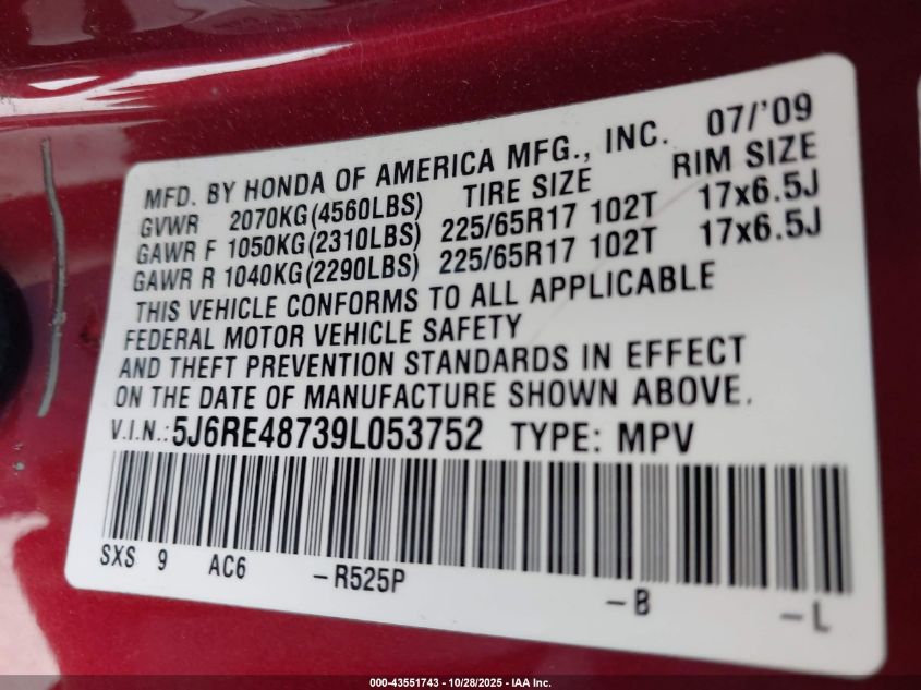 2009 Honda Cr-V Ex-L VIN: 5J6RE48739L053752 Lot: 43551743