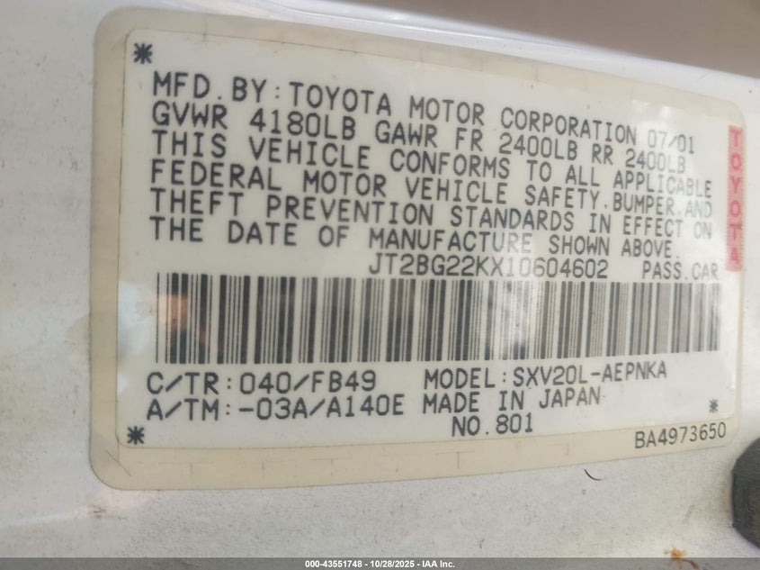 JT2BG22KX10604602 2001 TOYOTA CAMRY photo no. 9