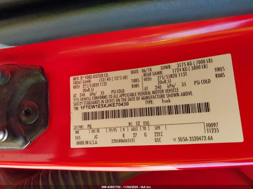 2018 Ford F-150 Xl VIN: 1FTEW1E5XJKE70430 Lot: 43551752