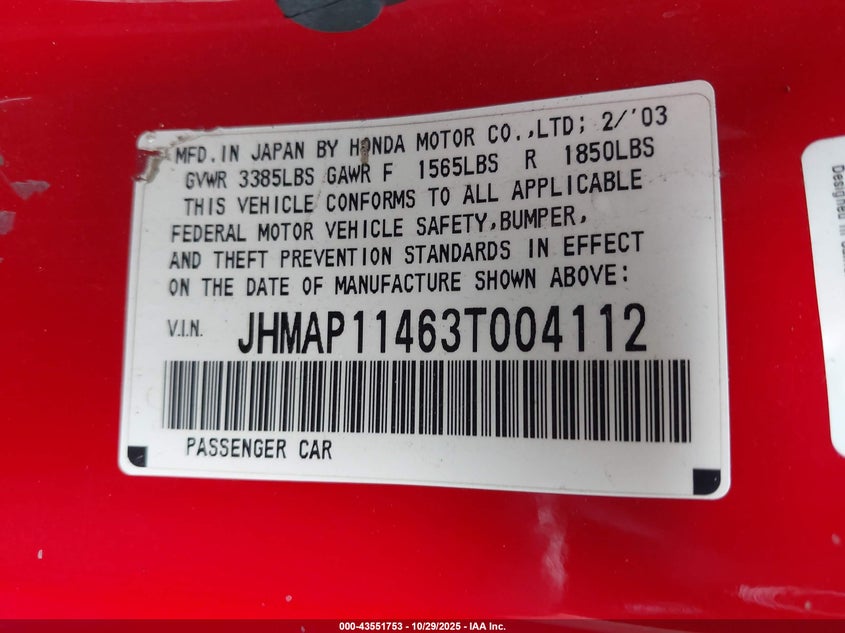 2003 Honda S2000 VIN: JHMAP11463T004112 Lot: 43551753