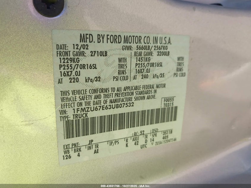 2003 Ford Explorer Sport Trac Xls/Xlt VIN: 1FMZU67E63UB07532 Lot: 43551766