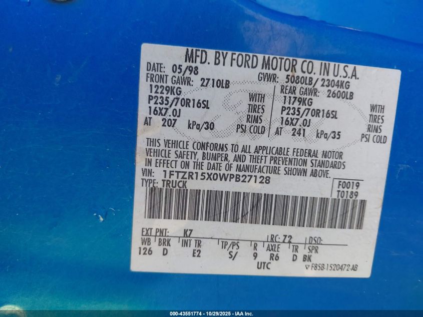 1998 Ford Ranger Splash/Xl/Xlt VIN: 1FTZR15X0WPB27128 Lot: 43551774