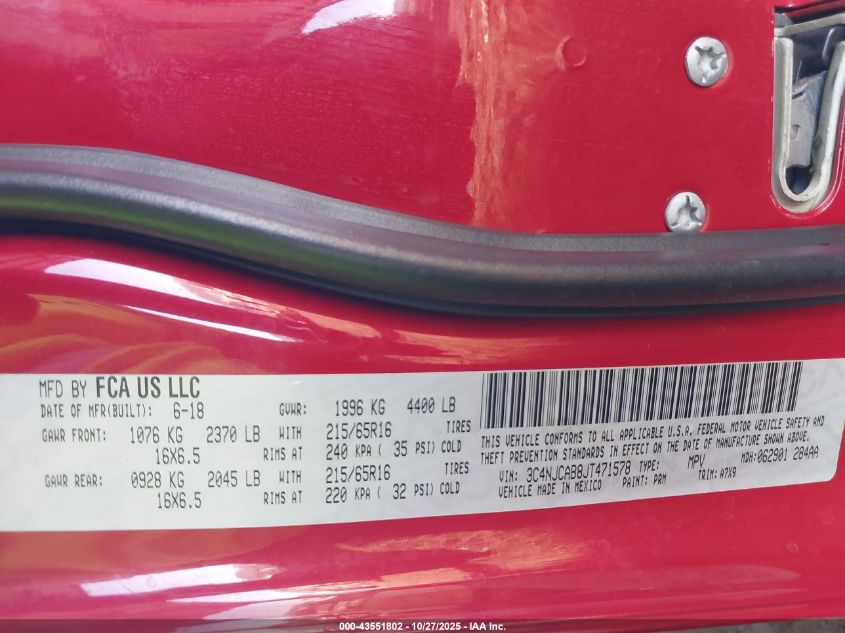 2018 Jeep Compass Sport VIN: 3C4NJCAB8JT471578 Lot: 43551802