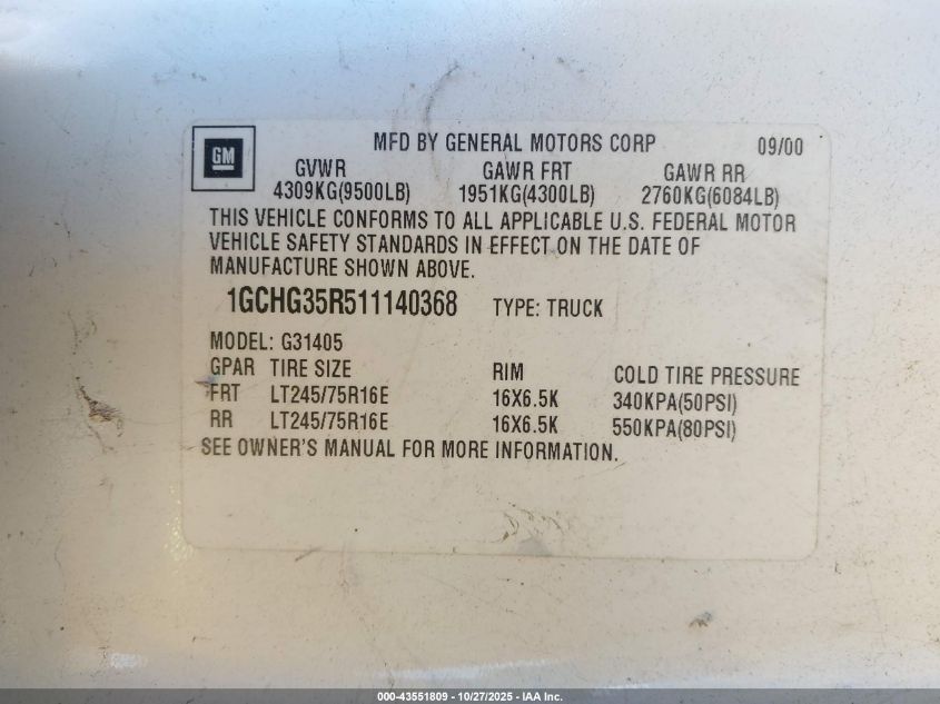 2001 Chevrolet Express VIN: 1GCHG35R511140368 Lot: 43551809