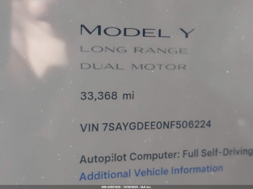 2022 Tesla Model Y Long Range Dual Motor All-Wheel Drive VIN: 7SAYGDEE0NF506224 Lot: 43551820