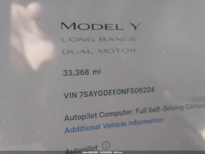 2022 Tesla Model Y Long Range Dual Motor All-Wheel Drive VIN: 7SAYGDEE0NF506224 Lot: 43551820