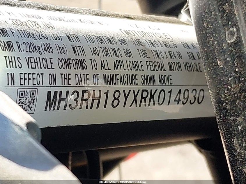 2024 Yamaha Yzfr3 A VIN: MH3RH18YXRK014930 Lot: 43551848