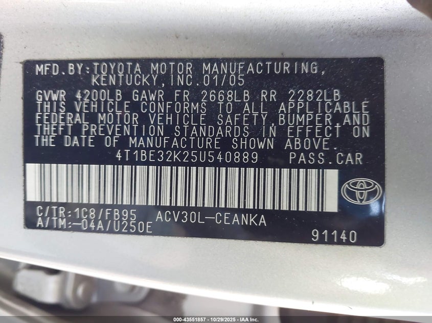 4T1BE32K25U540889 2005 TOYOTA CAMRY photo no. 9