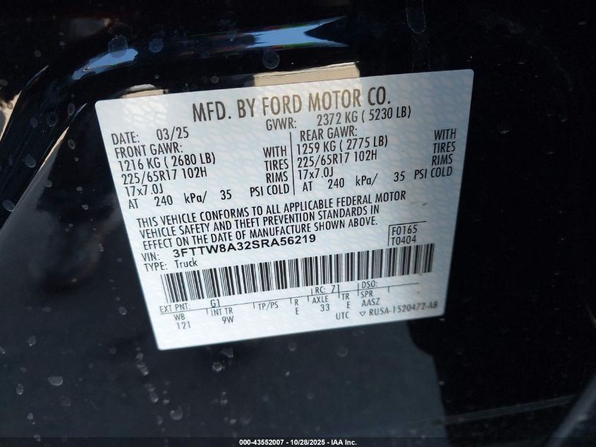 2025 Ford Maverick Xl VIN: 3FTTW8A32SRA56219 Lot: 43552007