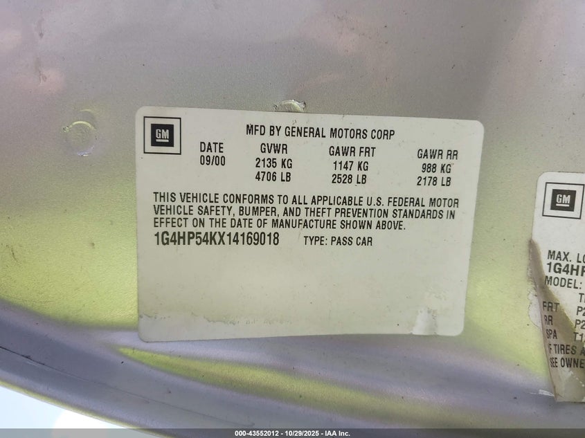 2001 Buick Lesabre Custom VIN: 1G4HP54KX14169018 Lot: 43552012