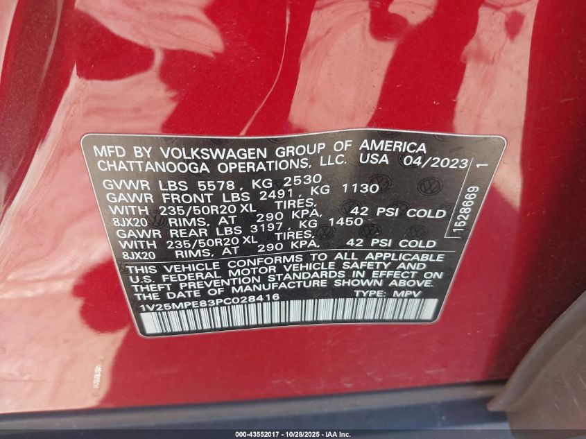 2023 Volkswagen Id.4 S VIN: 1V25MPE83PC028416 Lot: 43552017