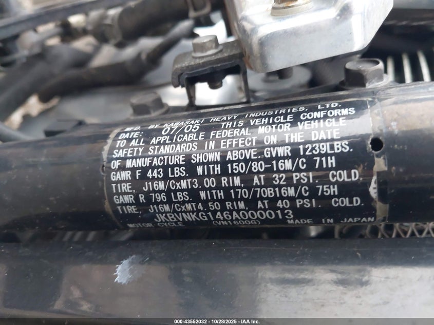 2006 Kawasaki Vn1600 G VIN: JKBVNKG146A000013 Lot: 43552032