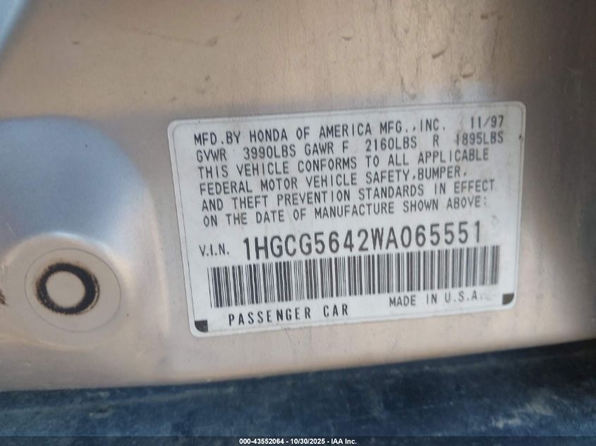 1998 Honda Accord Lx VIN: 1HGCG5642WA065551 Lot: 43552064