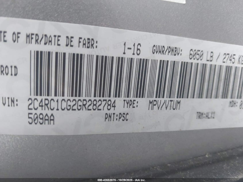 2016 Chrysler Town & Country Touring-L VIN: 2C4RC1CG2GR282784 Lot: 43552075