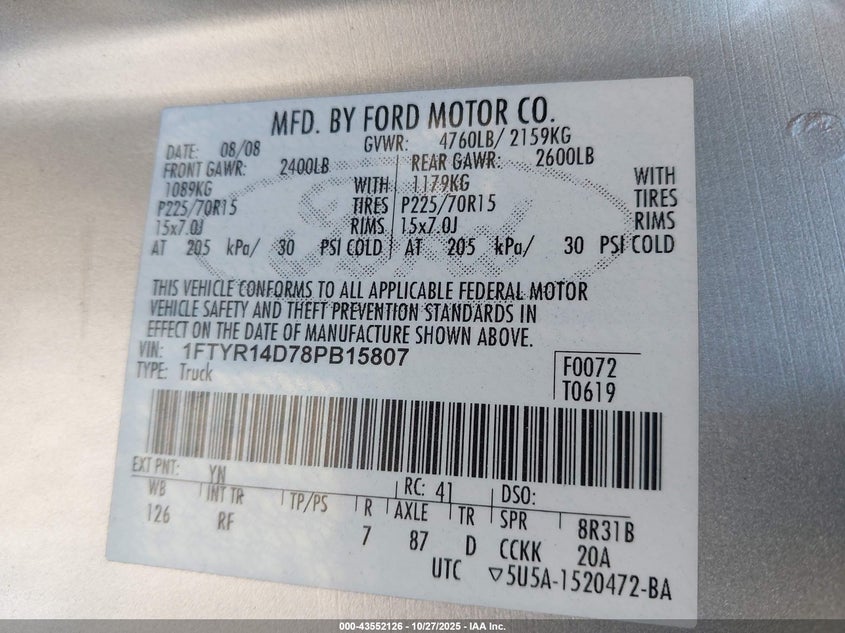 2008 Ford Ranger Xl/Xlt VIN: 1FTYR14D78PB15807 Lot: 43552126