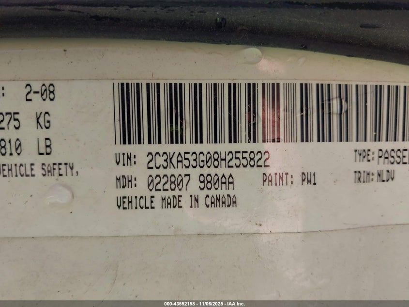 2008 Chrysler 300 Touring VIN: 2C3KA53G08H255822 Lot: 43552158