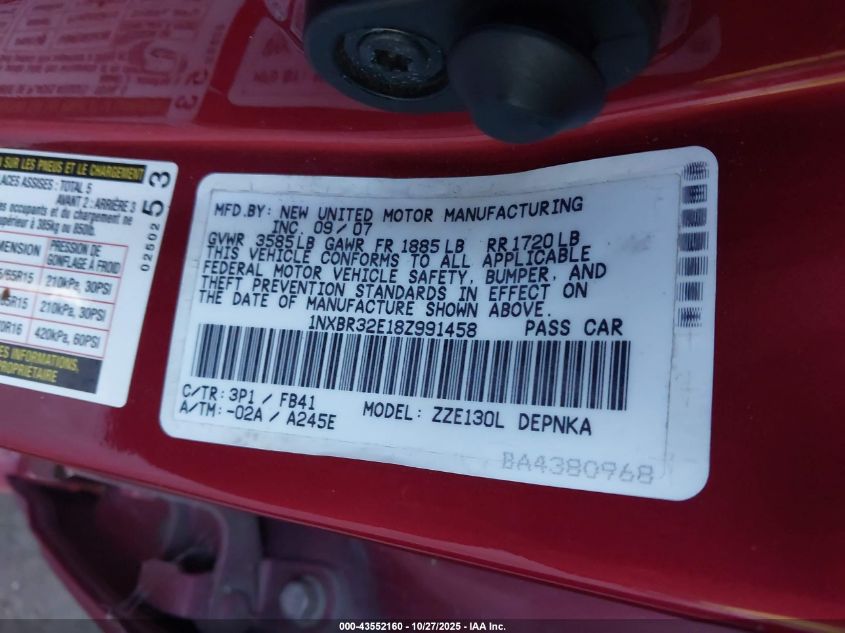 2008 Toyota Corolla Le VIN: 1NXBR32E18Z991458 Lot: 43552160