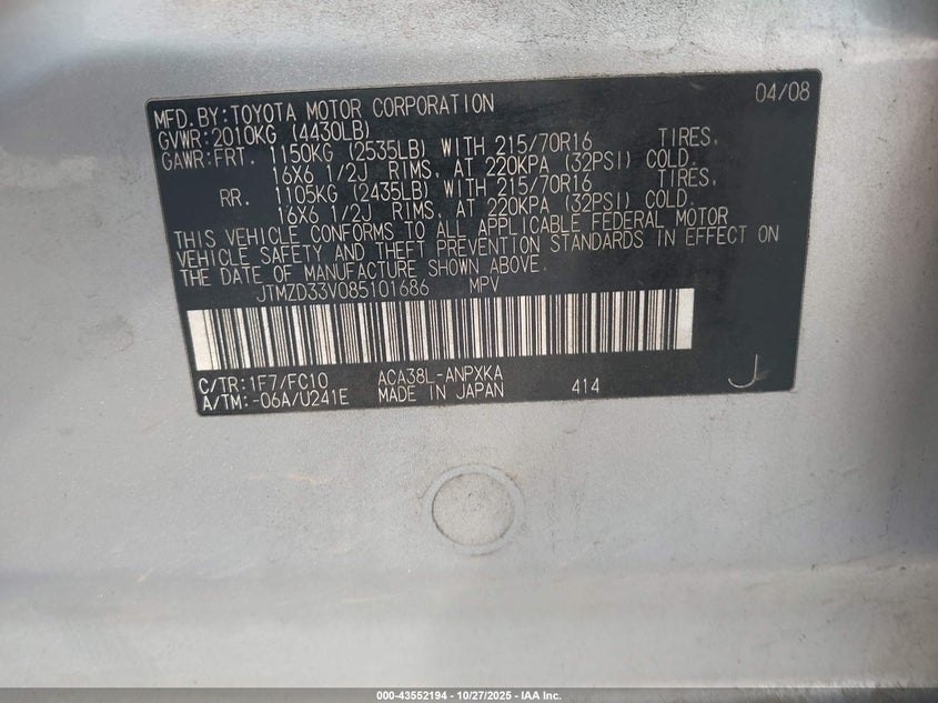 2008 Toyota Rav4 VIN: JTMZD33V085101686 Lot: 43552194