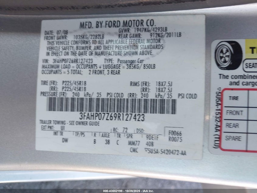 2009 Ford Fusion Se VIN: 3FAHP07Z69R127423 Lot: 43552198