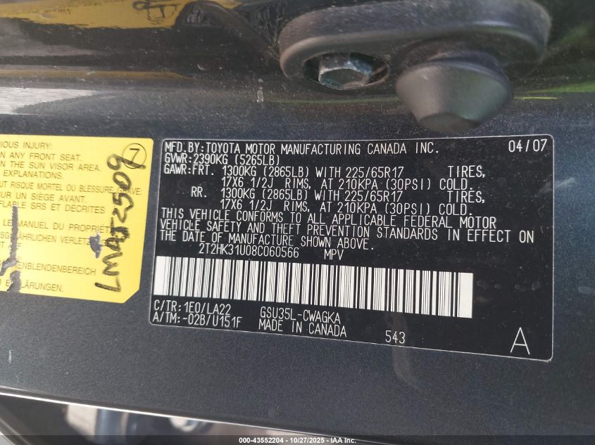 2008 Lexus Rx 350 VIN: 2T2HK31U08C060566 Lot: 43552204