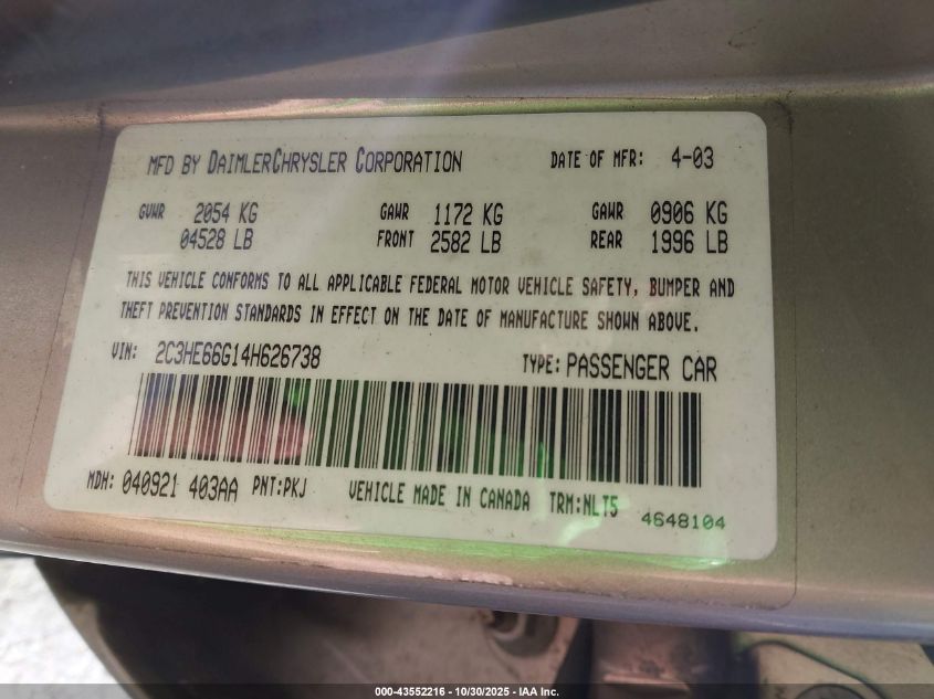 2004 Chrysler 300M VIN: 2C3HE66G14H626738 Lot: 43552216