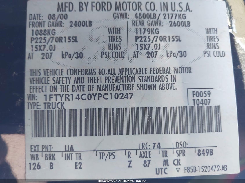 2000 Ford Ranger Xl/Xlt VIN: 1FTYR14C0YPC10247 Lot: 43552227