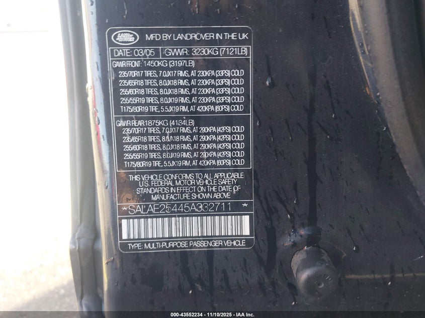 2005 Land Rover Lr3 Se VIN: SALAE25445A332711 Lot: 43552234