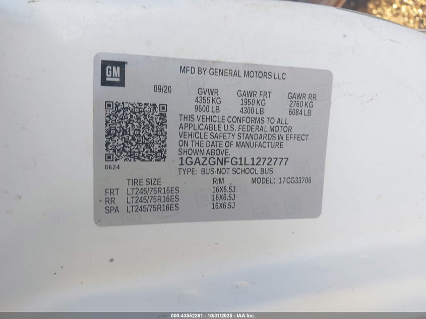 2020 Chevrolet Express Passenger Rwd 3500 Extended Wheelbase Ls VIN: 1GAZGNFG1L1272777 Lot: 43552261