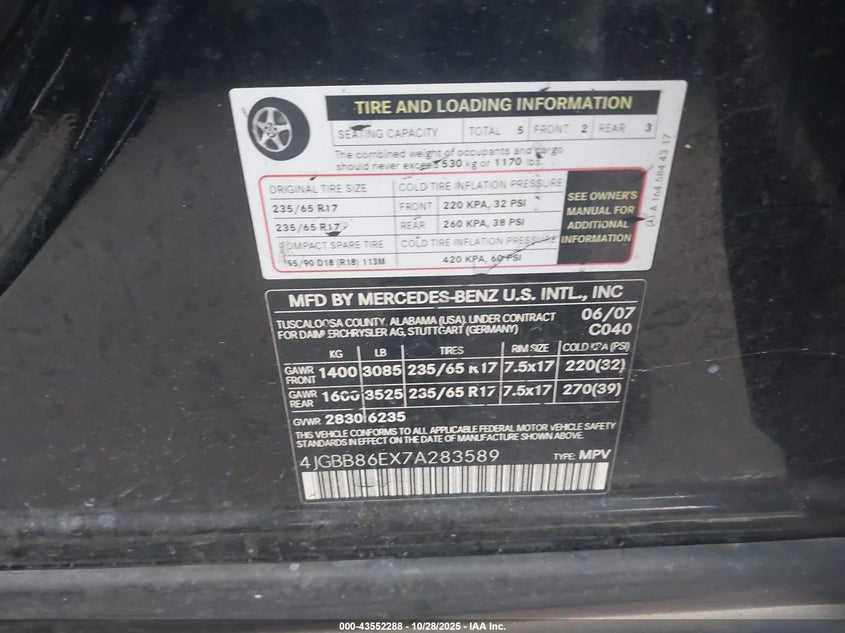 2007 Mercedes-Benz Ml 350 4Matic VIN: 4JGBB86EX7A283589 Lot: 43552288