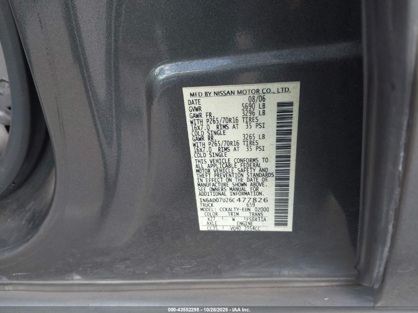 2006 Nissan Frontier Se VIN: 1N6AD07U26C477826 Lot: 43552295