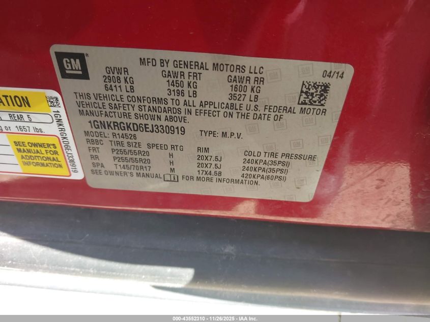 2014 Chevrolet Traverse 1Lt VIN: 1GNKRGKD6EJ330919 Lot: 43552310