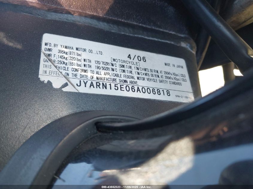 2006 Yamaha Yzfr1 VIN: JYARN15E06A006818 Lot: 43552323