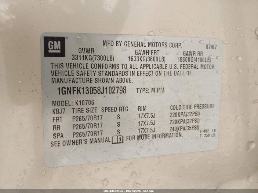 2008 Chevrolet Tahoe Ls VIN: 1GNFK13058J102798 Lot: 43552325