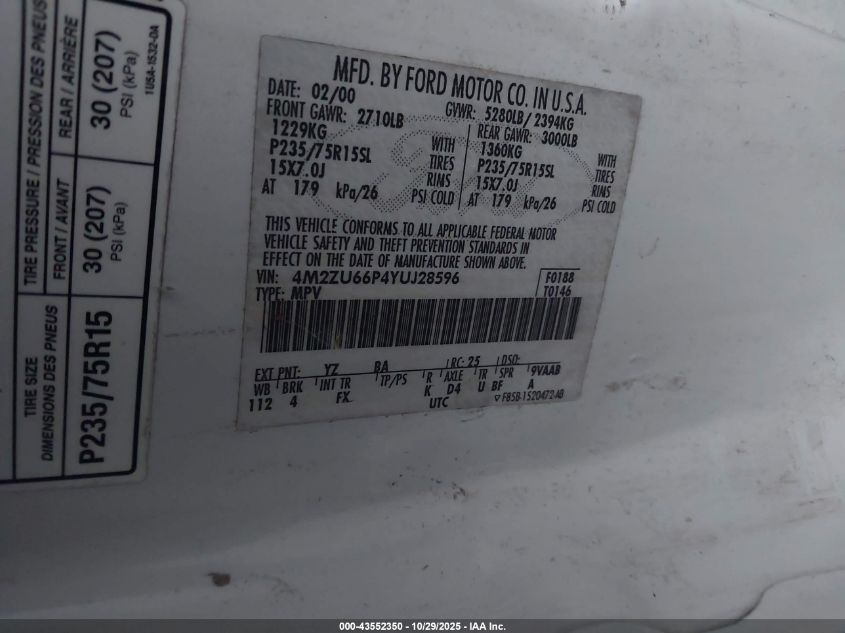 2000 Mercury Mountaineer VIN: 4M2ZU66P4YUJ28596 Lot: 43552350