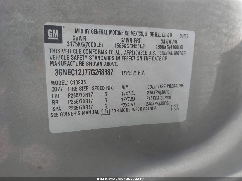 2007 Chevrolet Avalanche 1500 Lt VIN: 3GNEC12J77G268887 Lot: 43552351