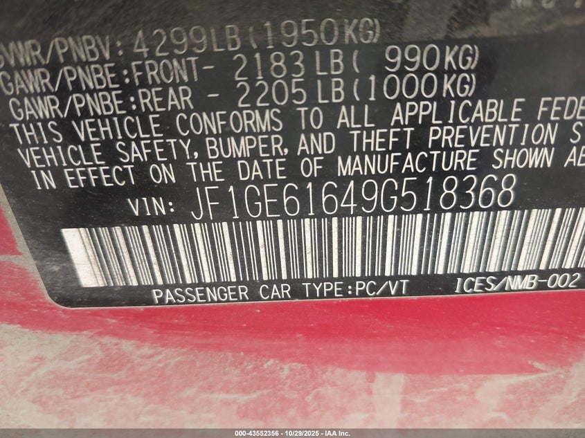 2009 Subaru Impreza 2.5I VIN: JF1GE61649G518368 Lot: 43552356