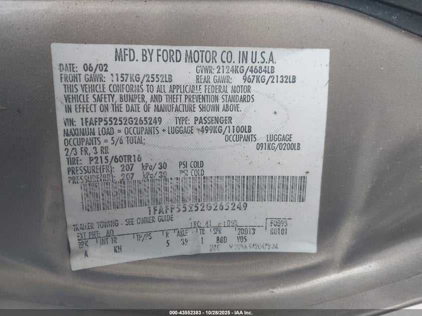 2002 Ford Taurus Ses VIN: 1FAFP55252G265249 Lot: 43552383
